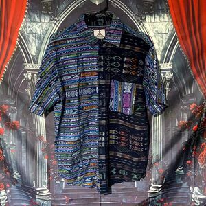 Mayan Boutique Button-Up Shirt Men's L Blue Geometric Pattern Patchwork Outdoor